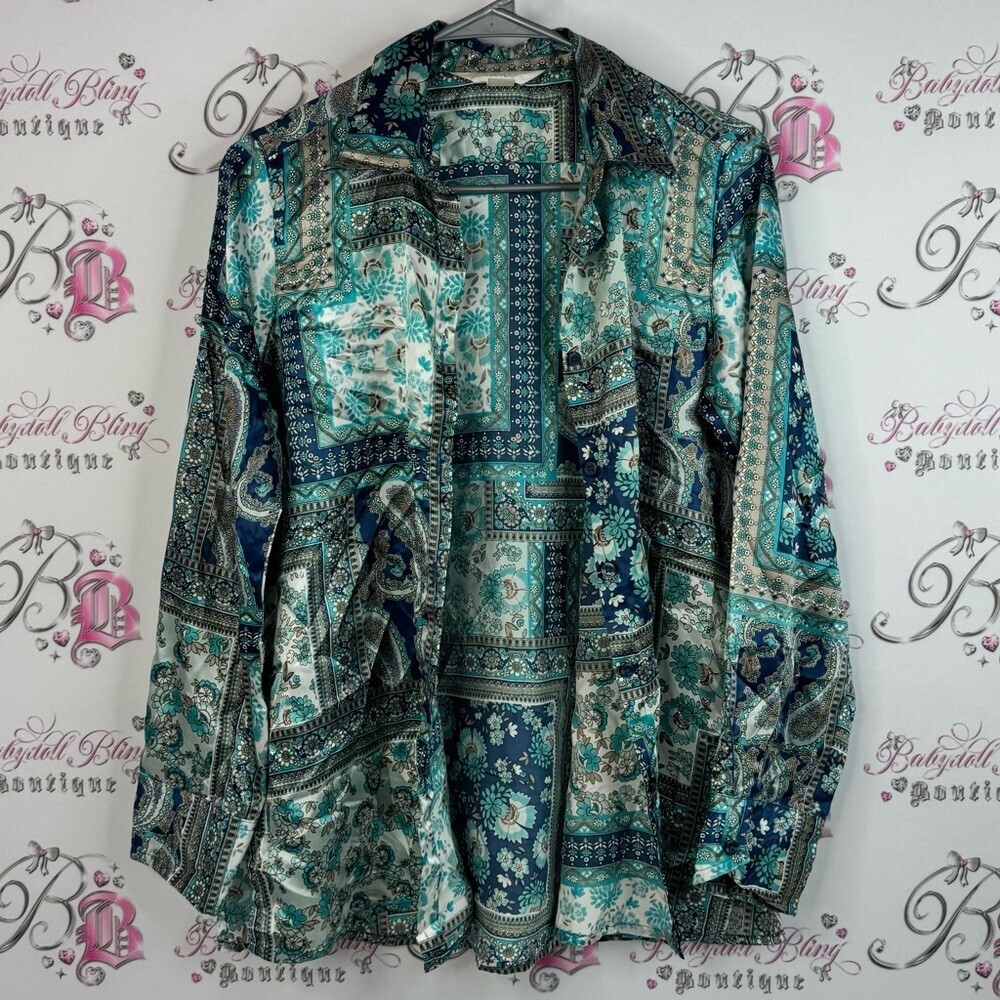 Traditions button up shiny patchwork paisley boho Teal and Blue Floral Blouse